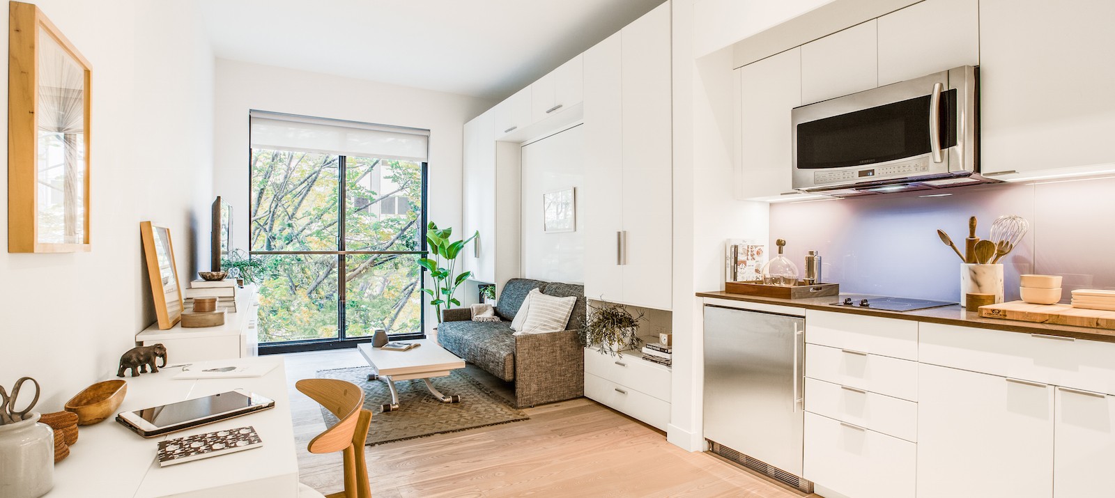 The clean, minimal, and furnished interior of Carmel Place, NYC's first micro-apartment building, which is located at 335 E 27th St in Kips Bay, Manhattan.