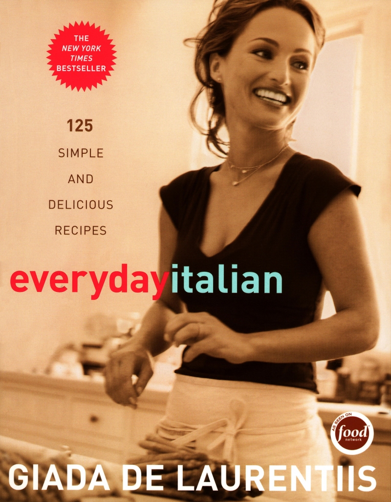 Giada De Laurentiis Everyday Italian cookbook cover reads "125 simple and delicious recipes" and is a New York Times Bestseller.