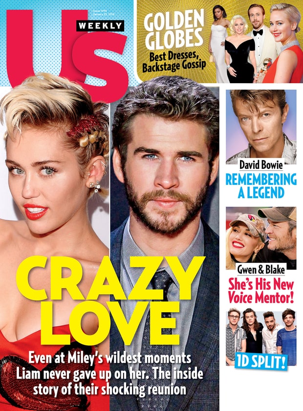 Miley Cyrus and Liam Hemsworth on the cover of US Weekly magazine.