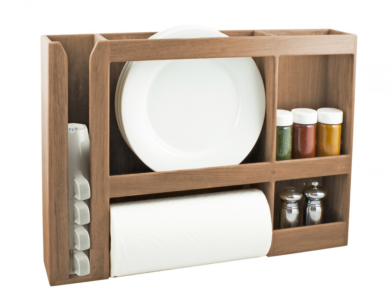 A SeaTeak dish/cup/spice/towel rack is storing plates, a paper towel roll, spices, and cups.