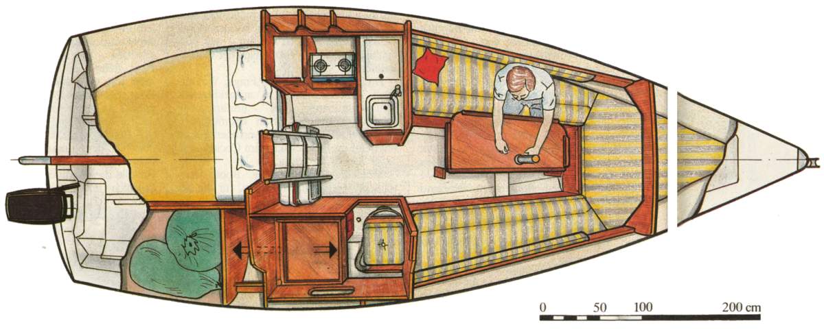 A layout of a small boat's interior showing multipurpose furniture and smart storage solutions.