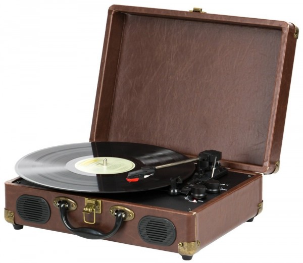A brown QFX TURN-101 Retro Collection Suitcase Turntable is playing a vinyl record