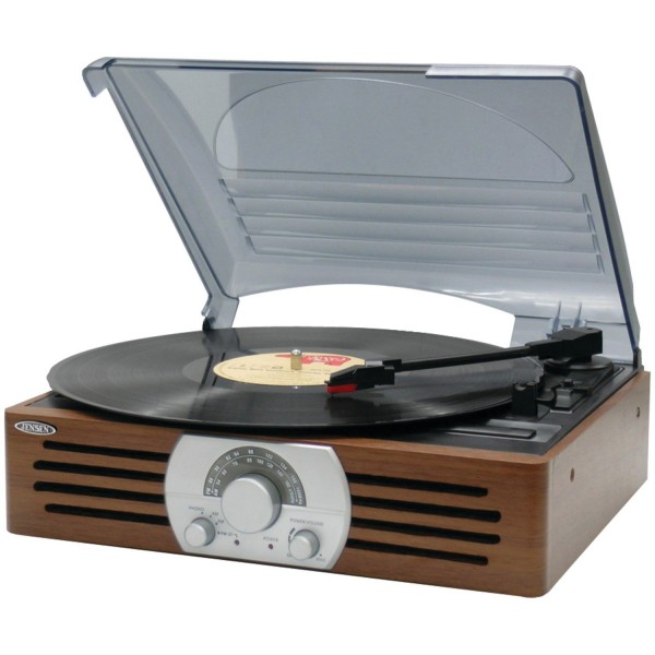 A cheap vinyl record player is a Jensen JTA-222 3-Speed Turntable.