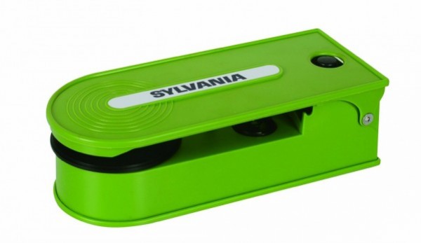 A green Sylvania Turntable Record Player with USB encoding is a cheap vinyl record player for small apartments.