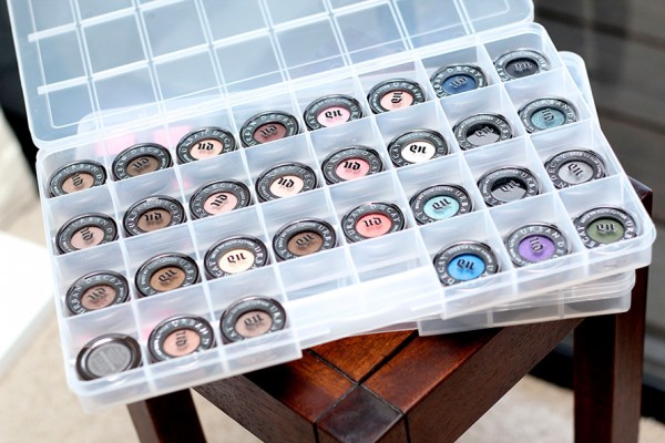 A bead organizer is an easy way to organize and store eyeshadow singles and MAC Paint Pot jars. 