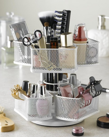 One of many creative ways to organize makeup is by storing it in a cosmetic carousel that spins. 