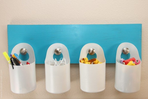 diy hanging storage bins made from disinfectant wipe containers