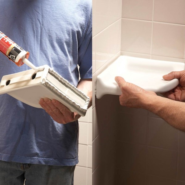 diy shower storage made from a flat-back corner shelf unit 