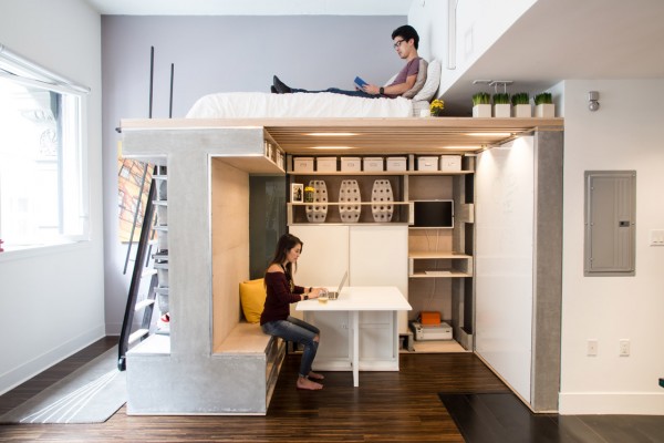 The Domino Loft has separate areas for relaxing, sleeping, working, and more.