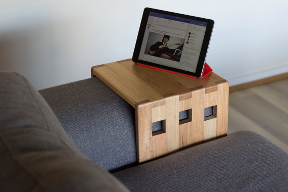 A stylish couch arm made from oak, pine, Tasmanian oak, stained wood, and stained pine.