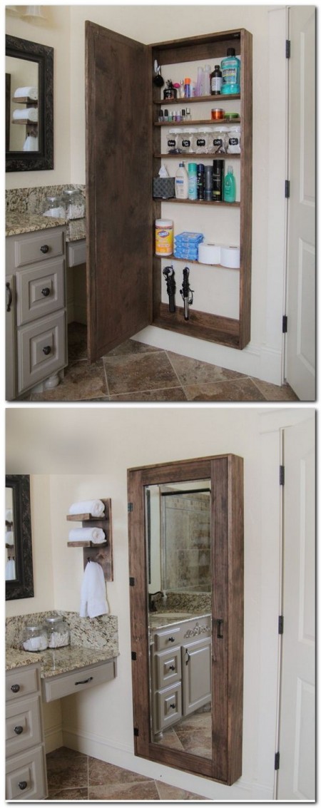 A DIY medicine cabinet with mirrors made from upcycled wood pallets stores assorted toiletries, makeup, and grooming, cleaning, and bathing supplies.