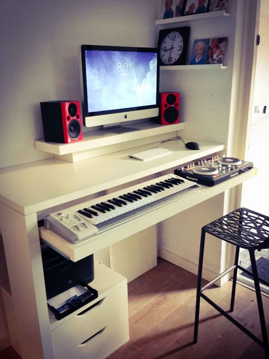 diy midi controller and keyboard storage made from ikea lack shelves, a linmon tabletop, drawer rails, and an LED