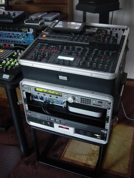 a portable rack stores a 7" lcd, m-resonator, lpd8, fireface 400, and mac mini