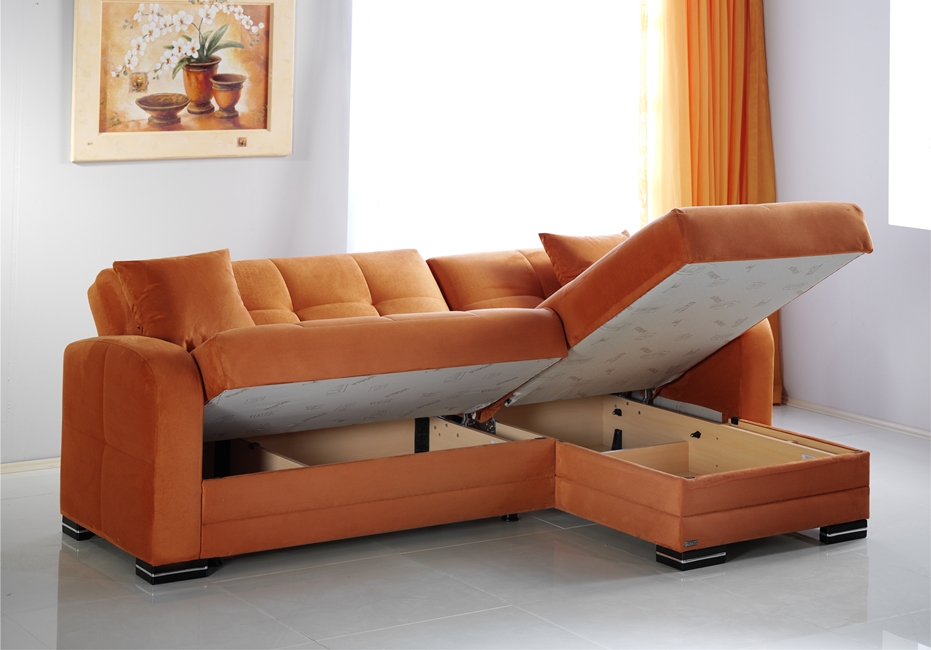 A rainbow orange sectional with storage by Istikbal Kubo.