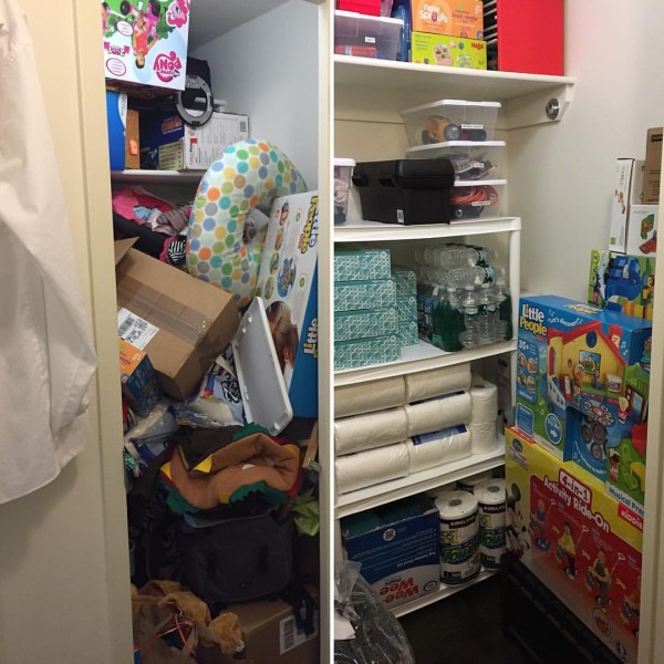 A before and after of a closet organized by Cut The Clutter.
