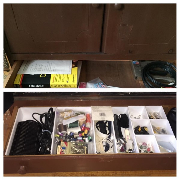 A before and after of a drawer decluttered by NYC-based Cut The Clutter.