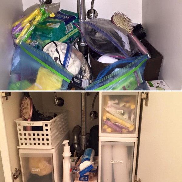 A before and after of a sink cabinet decluttered by Cut The Clutter.