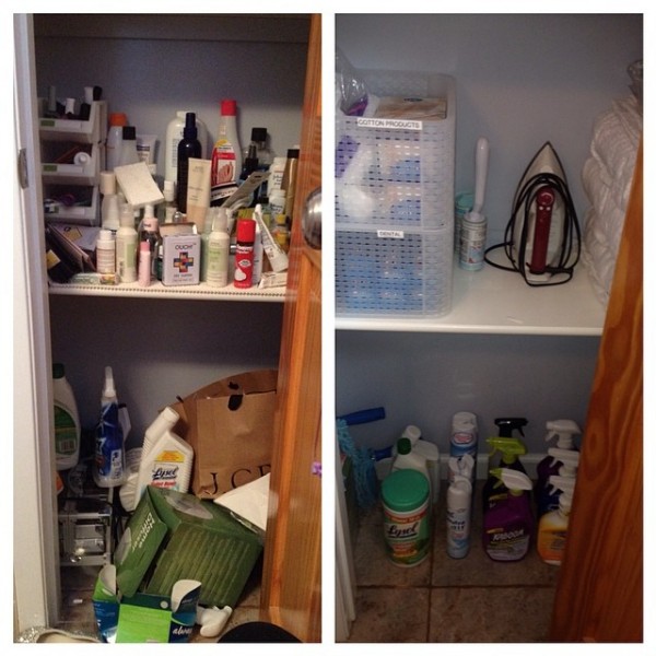 A before and after of a linen closet decluttered by professional organizer Natalie Schrier's company Cut The Clutter.