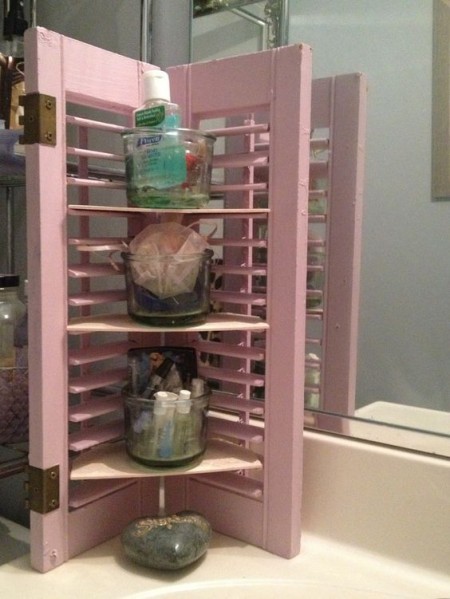 small shutters turned into bathroom sink corner shelves