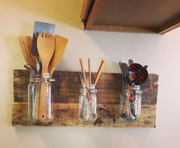 creative kitchen storage hack: mason jar utensil holder floating shelf