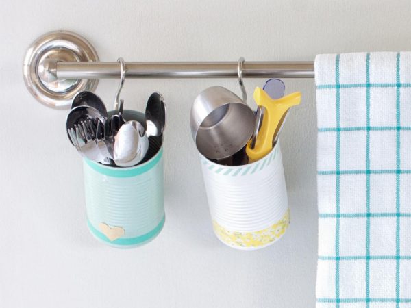 creative diy kitchen storage hack: decorated tin cans kitchen utensil holder by layla palmer