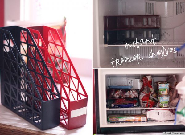 easy freezer storage hack: use magazine holders to store frozen foods