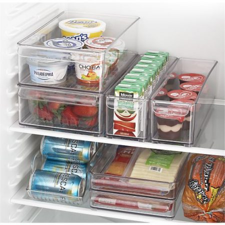 easy fridge storage hack: store yogurt, pudding, strawberries, soda cans, juice boxes and more in clear desk organizers