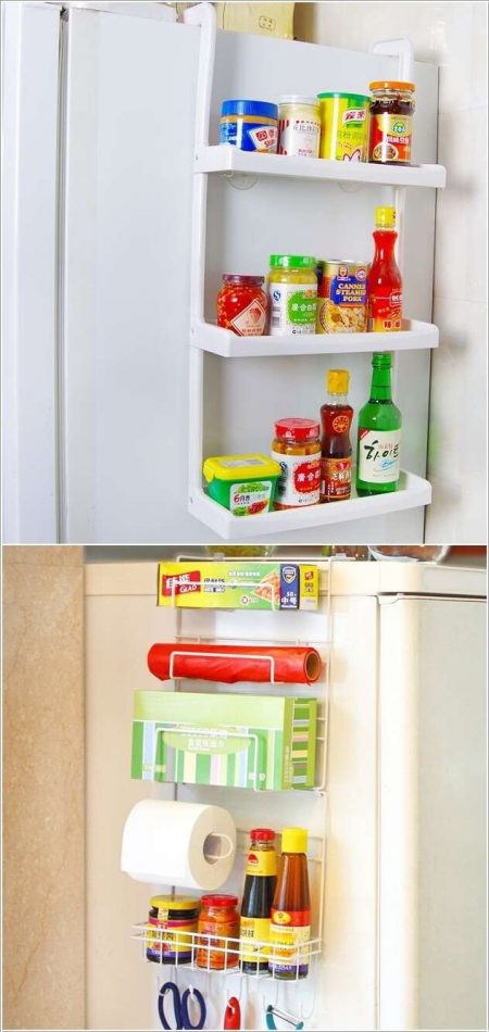 affordable kitchen storage solution: hang a rack with shelves on the side of the fridge