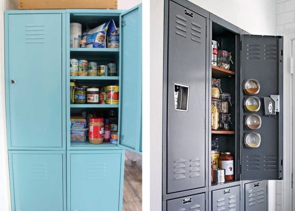 cheap kitchen organization: school lockers turned into kitchen pantries