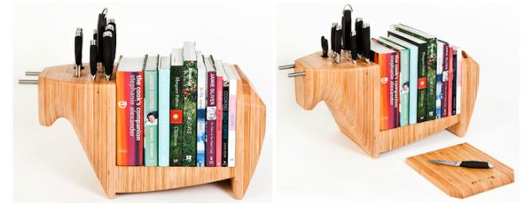 a wooden kitchen bull by toro legno is a convenient storage solution for books and knives 