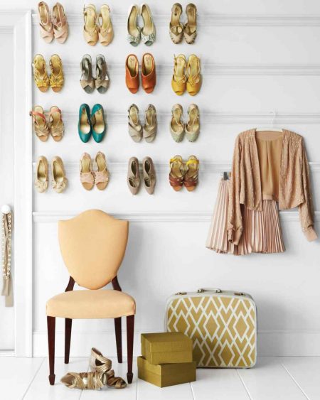 creative bedroom storage hack: mount a shoe rack into the wall