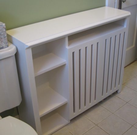 white radiator cover shelves used for cheap storage space