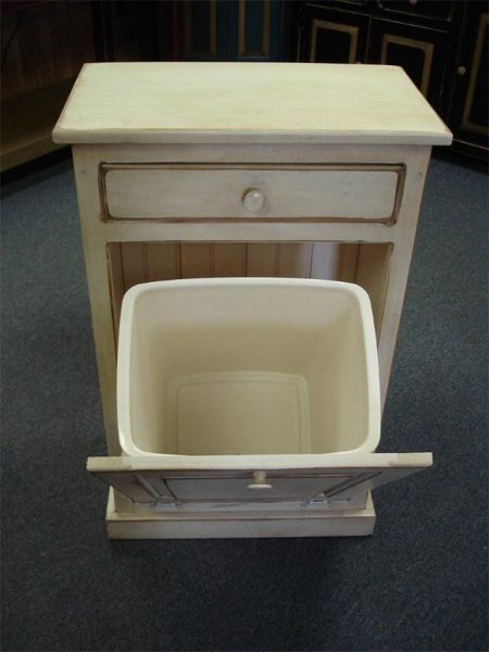 amish pine tilt-out trash bin cabinet with a storage drawer