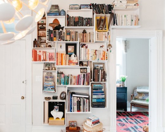 white diy dresser drawer bookshelf by kate levinson and mike muschong from west town, chicago, illinois