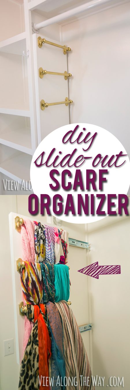 diy slide-out scarf, belt, and tie organizer in a bedroom closet