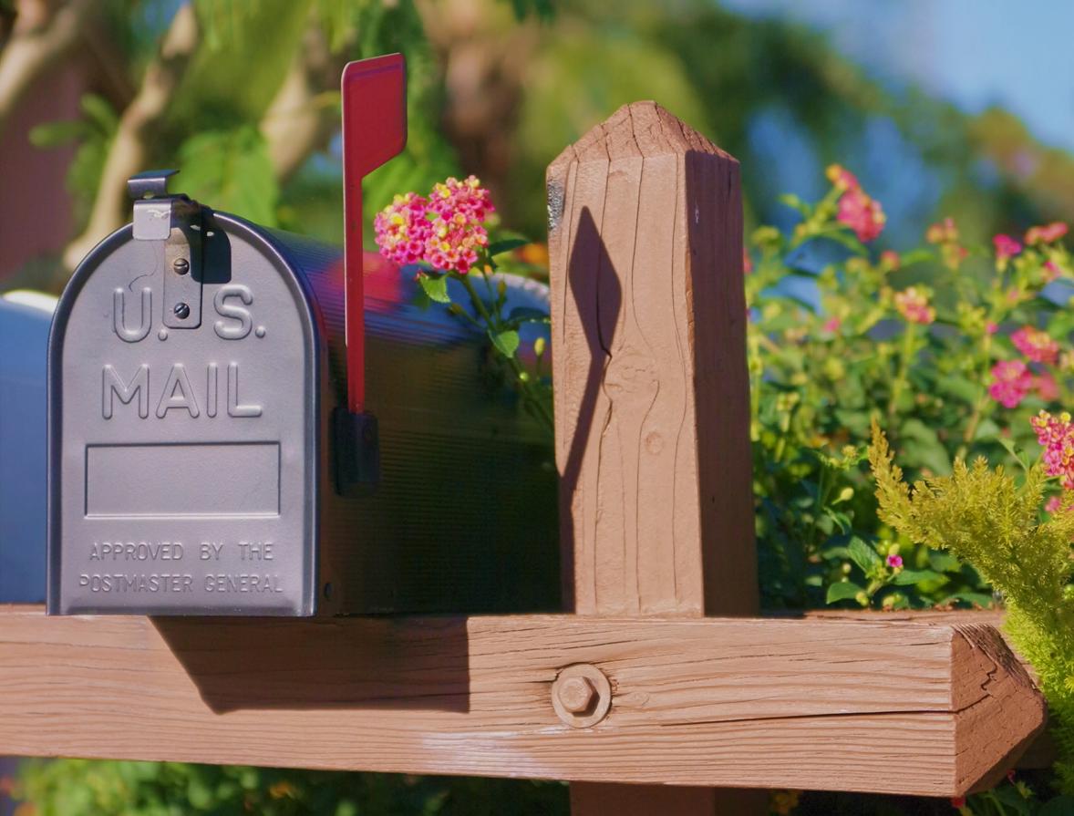 dark gray mailbox with red flag up on a sunny day with pink flowers in the background