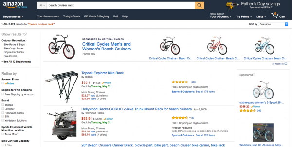 An Amazon search for beach cruiser racks