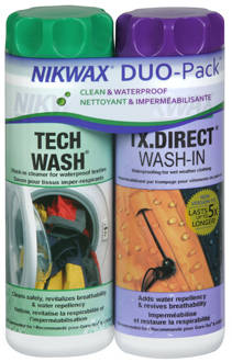 nikwax duo pack for cleaning and waterproofing wet-weather clothing