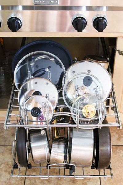 kitchen shelf organizers for pots, pans, and lids