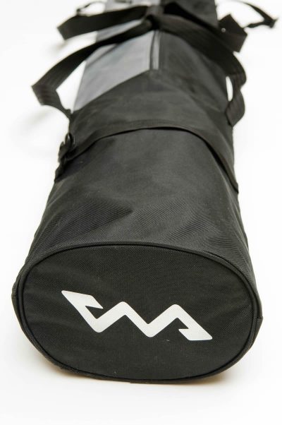 black skiweb skis and ski pole bag