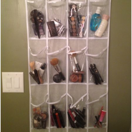 diy makeup storage made from an over the door shoe organizer