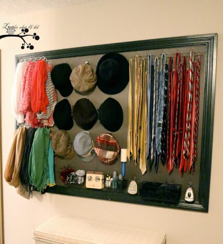 diy closet organizer using molding, pegboard, fabric, and hooks