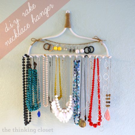 diy necklace holder made from a rake head