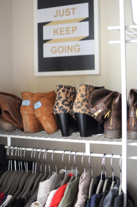 wire closet shelving storing shoes and hanging shirts on huggable hangers