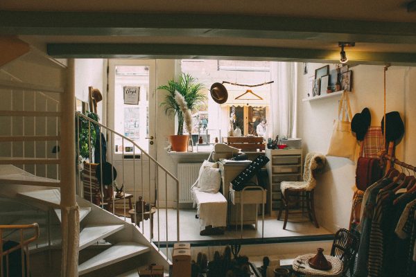 interior of a small apartment with a spiral staircase