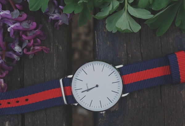 quartz watch with blue and red strap