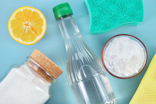 clean grout with vinegar, baking soda, water, lemon, and salt