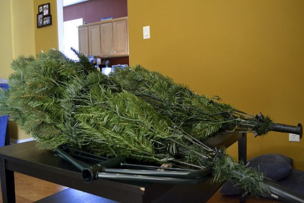 fake xmas trees on a table in an apartment