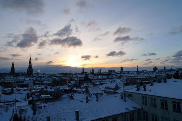 rooftop view of winter in kongens nytorv, a public square in copenhagen, denmark