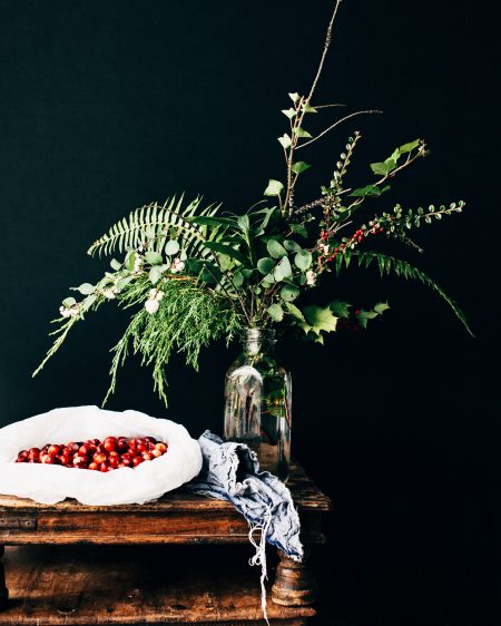 hygge plants, including a fern and red berries